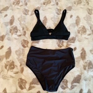Black bikini triangle top and high rise bottoms
